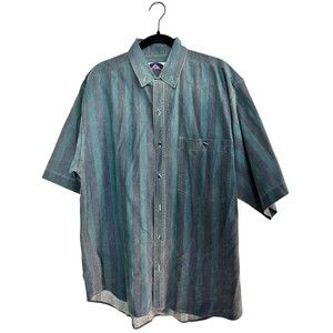 Vintage 90s TRUE IDENTITY Striped Blue Teal Short Sleeve Button Up Large